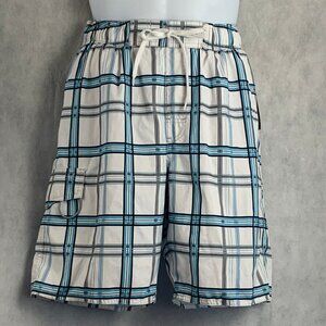 Newport Blue Men's Beach Side Plaid Swim Trunks Swimsuit, Blue White, Small